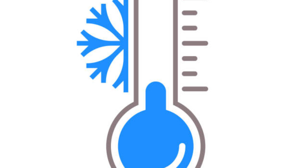 Thermometer vector icon with snow cold temperature scale for winter weather