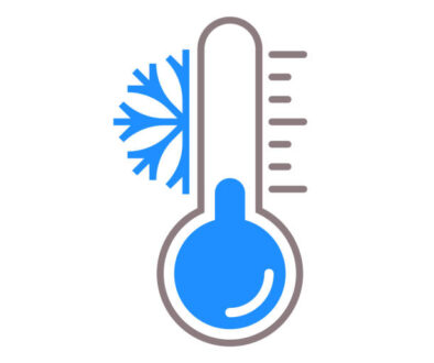 Thermometer vector icon with snow cold temperature scale for winter weather